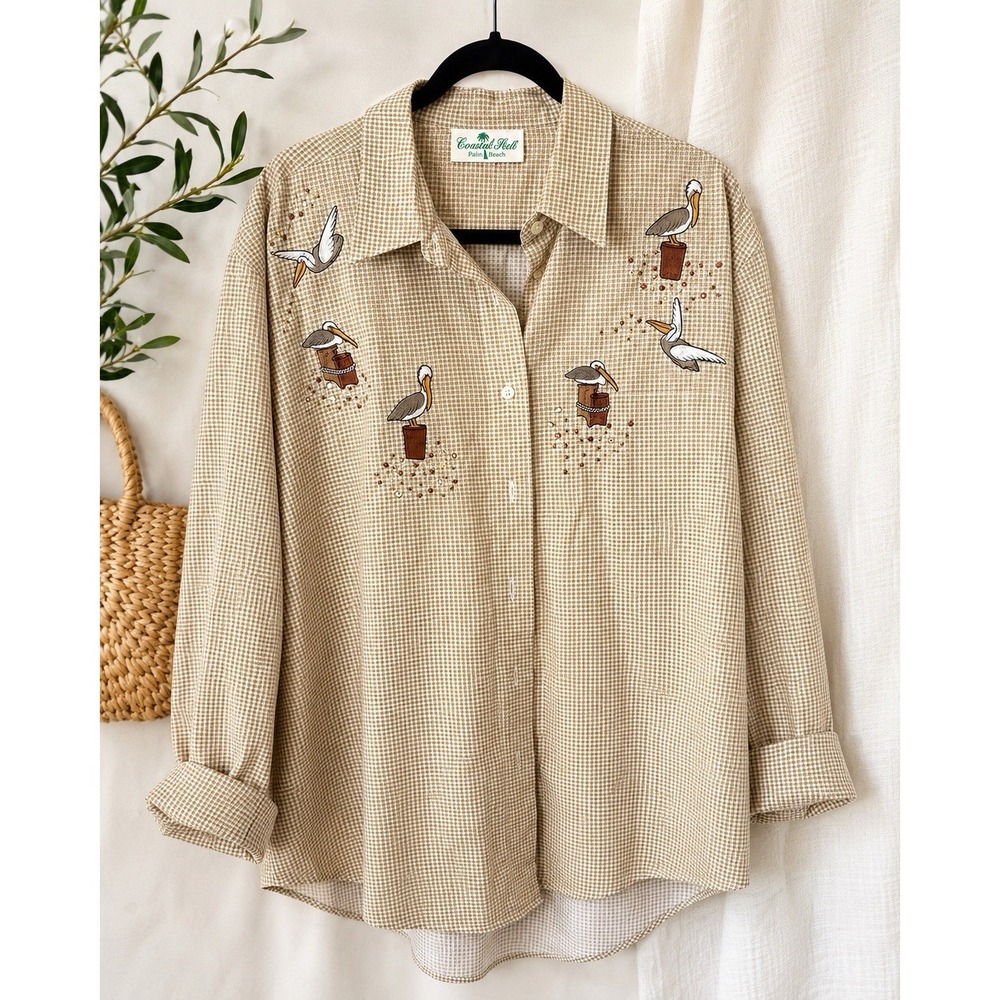 Vintage Coconut Row Palm Beach Pelican Gingham Button Up Shirt XL‎